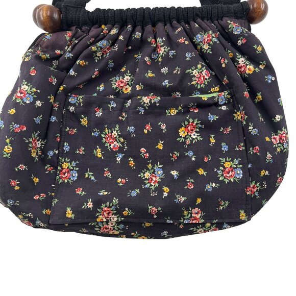 Handmade Black Shoulder Bag Colorful Embroidery & Wooden Accents reversible - Picture 9 of 9